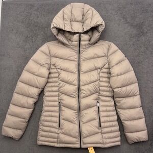 DKNY women's puffer hooded jacket beige size small fill zip quilted coat
